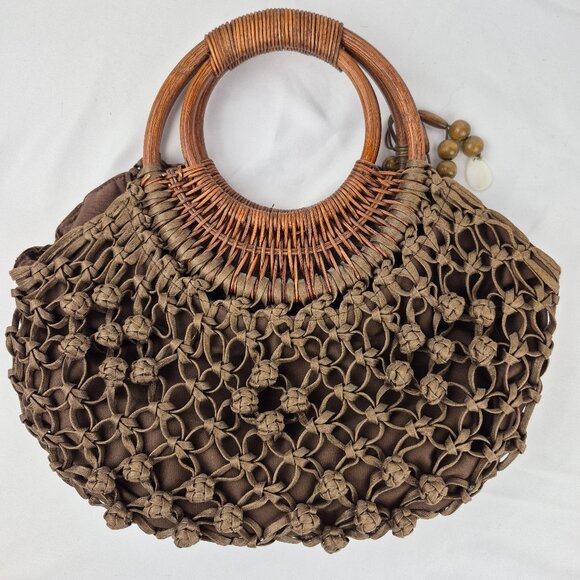 Coldwater Creek Chocolate Brown Macrame Woven Wood Double Hoop Handle Bag - Picture 3 of 14